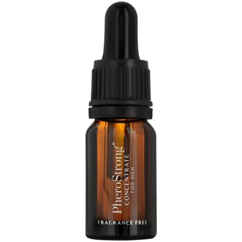 Flacon marron de concentré de phéromones pour hommes, sans parfum, avec bouchon noir, attire naturellement.