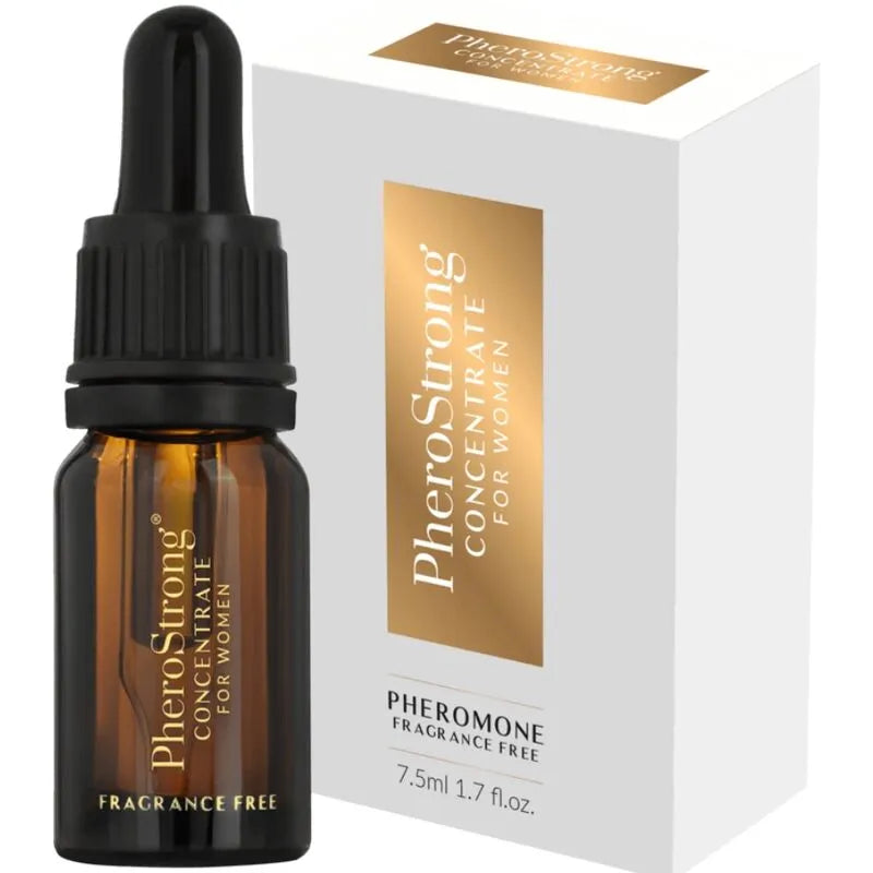 Flacon marron de concentré de phéromones sans parfum pour femmes, avec boîte blanche et dorée, 7.5ml.