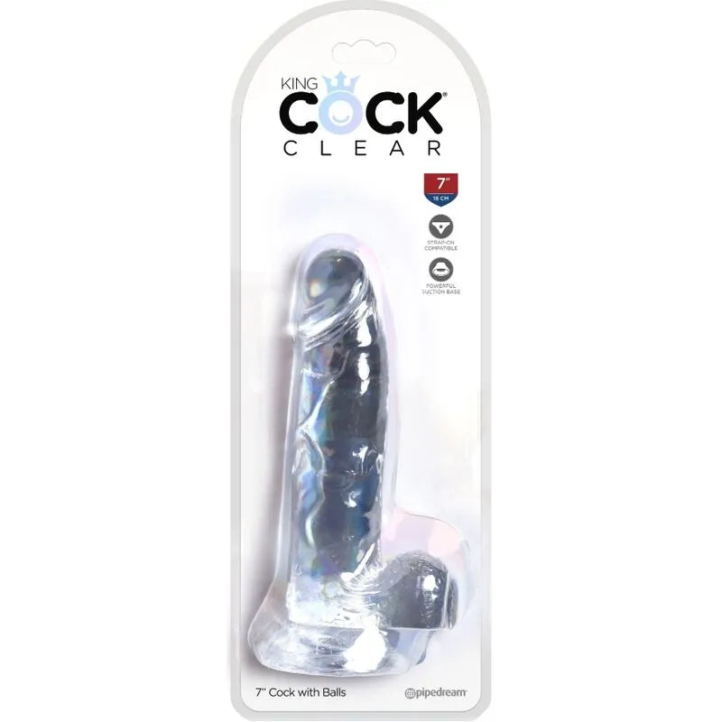 Consolateur réaliste translucide King Cock Clear avec texture veineuse, design flexible, emballage Pipedream.