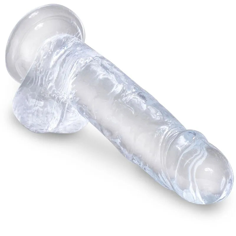Consolateur réaliste translucide King Cock Clear, texture veineuse détaillée, matériau flexible, design lumineux.