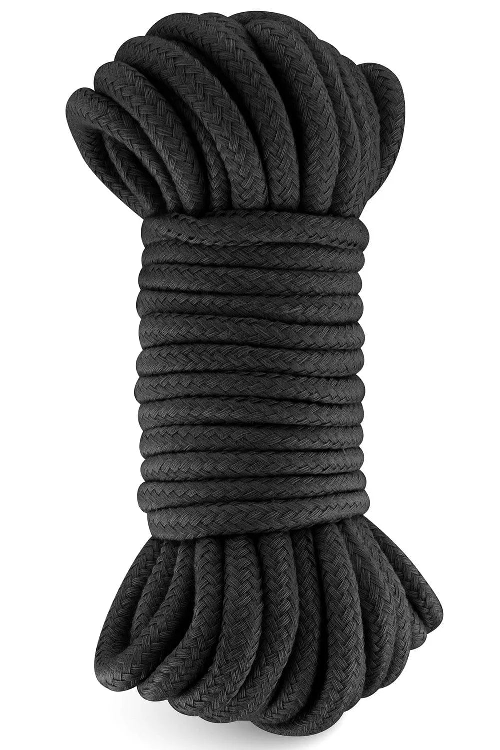 Corde BDSM noire en coton de 10m, texture douce, idéale pour shibari et bondage, adaptée débutants et experts.
