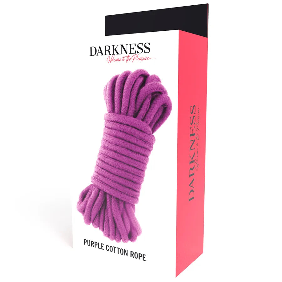 Corde de bondage coton japonais violette 5m, douce et résistante, pour jeux érotiques et domination, dans emballage élégant.