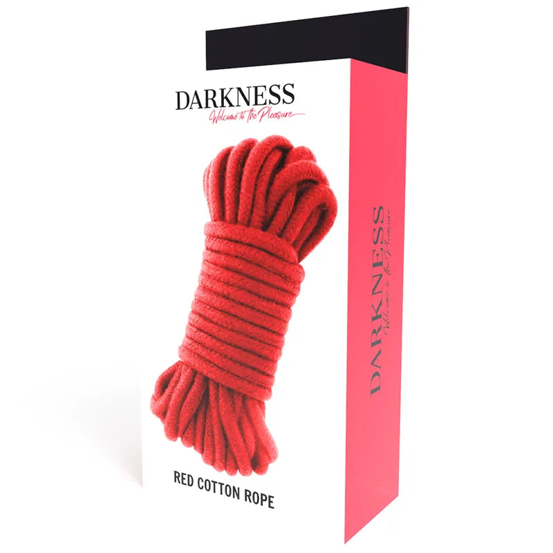 Corde bondage coton noir 20m, douce et solide, enroulée, idéale pour jeux érotiques, sur fond neutre.