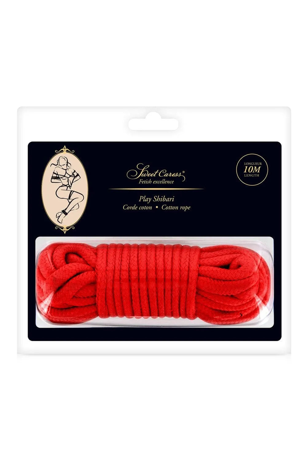 Corde de bondage rouge en coton, 10m, pour shibari, texture douce, emballage transparent, idéale pour jeux sécurisés.