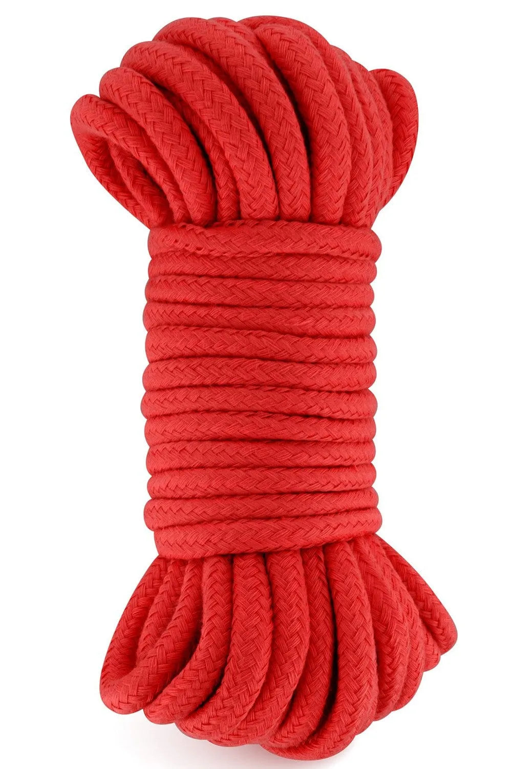 Corde de bondage rouge en coton, 10 mètres, texture douce pour shibari et jeux sécurisés.