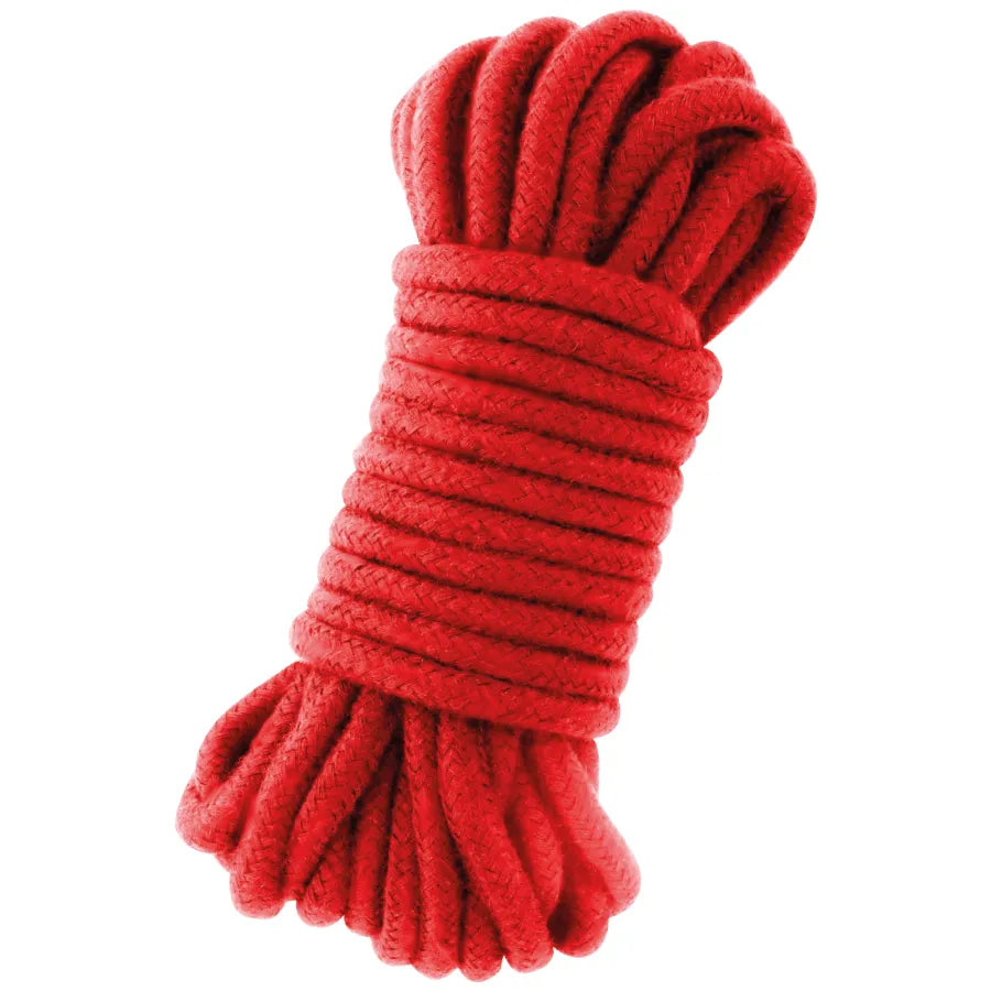 Corde de bondage en coton japonais rouge, douce et robuste, idéale pour pratiques BDSM sécurisées et élégantes.