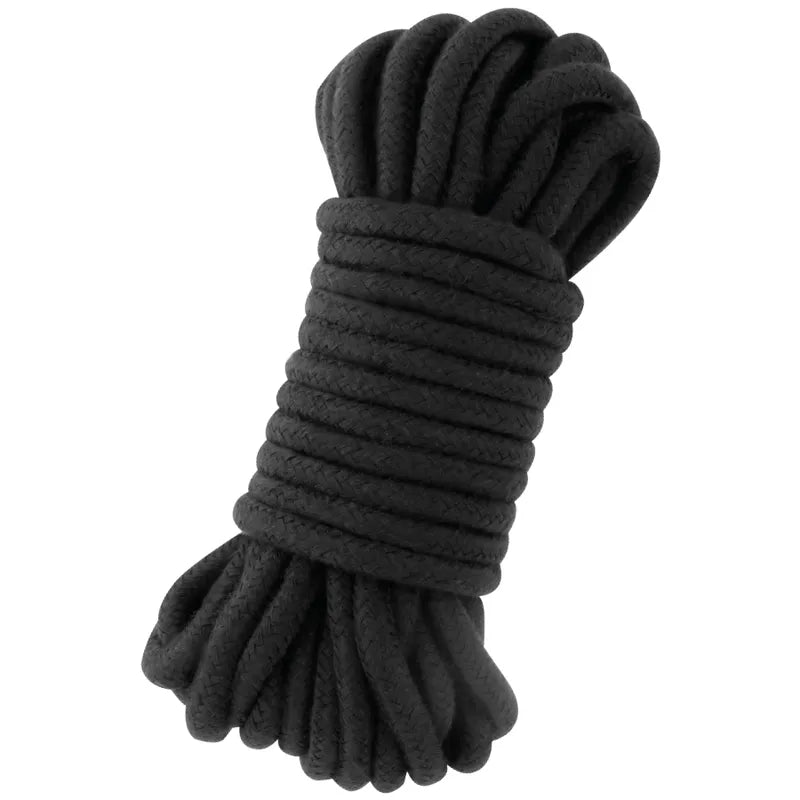 Corde de bondage en coton noir 20m enroulée, idéale pour jeux de domination, confort et sécurité garantis.