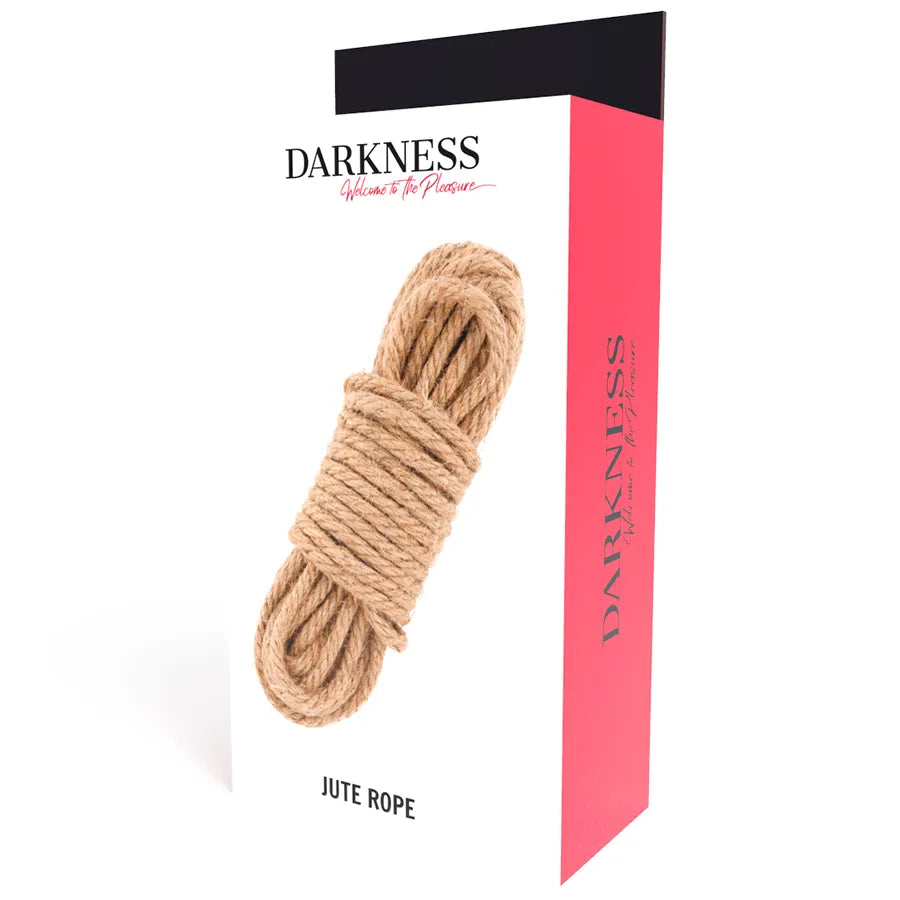 Corde de bondage japonaise en jute naturelle, nouée, sur fond blanc avec boîte rouge et noire, pour Shibari.