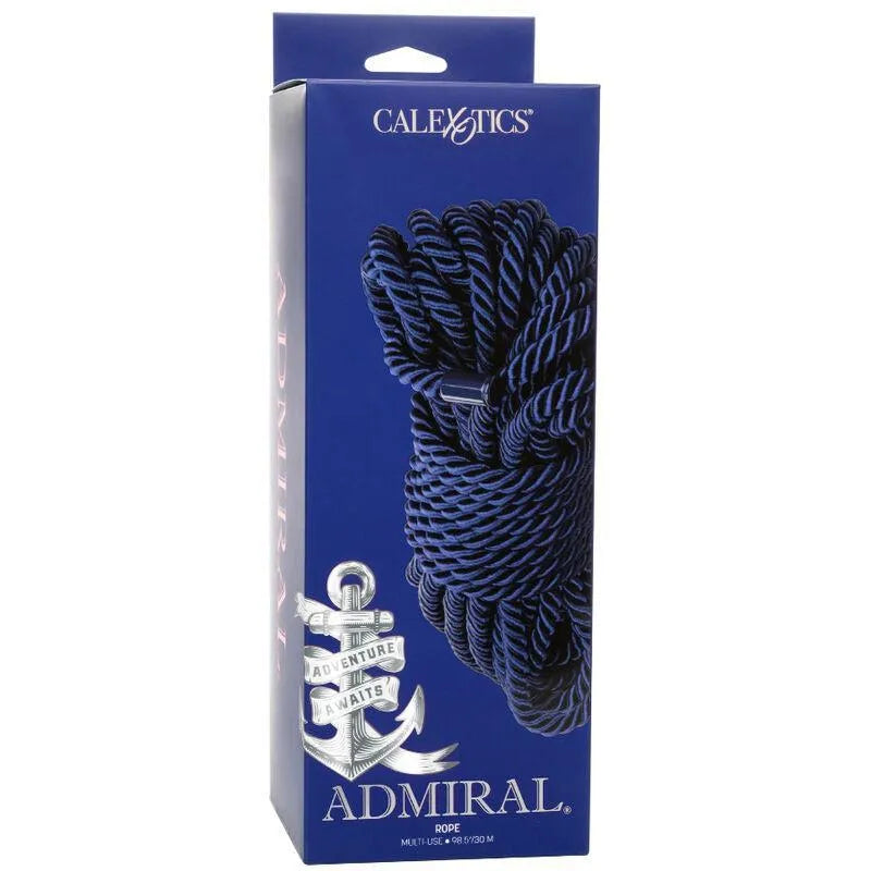 Corde nylon noire douce pour bondage BDSM, enroulée, dans un emballage bleu avec motifs nautiques.