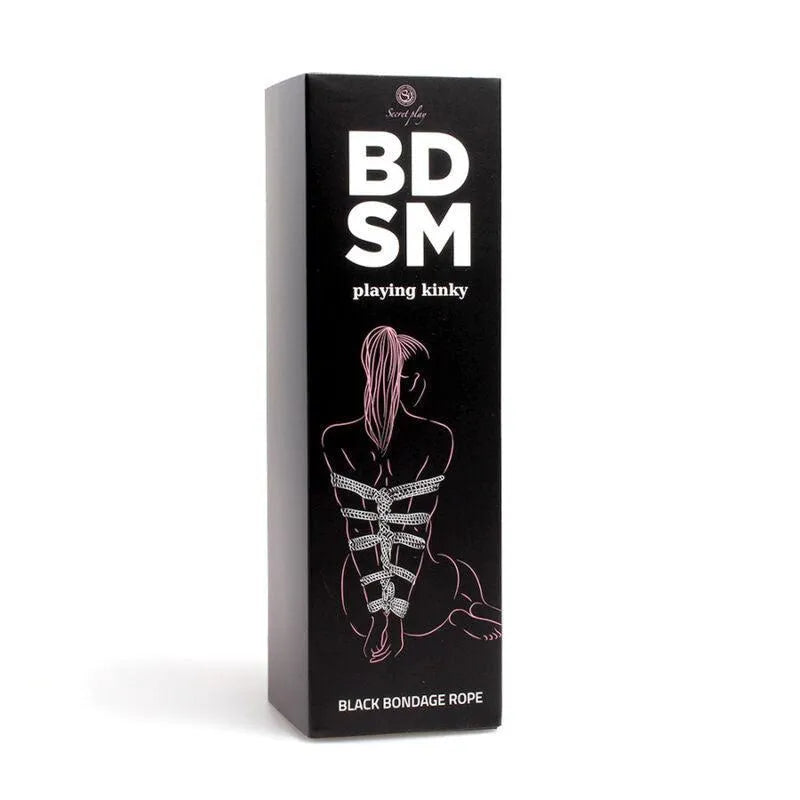 Corde Shibari soyeuse noire pour bondage BDSM, boîte noire avec illustration artistique.