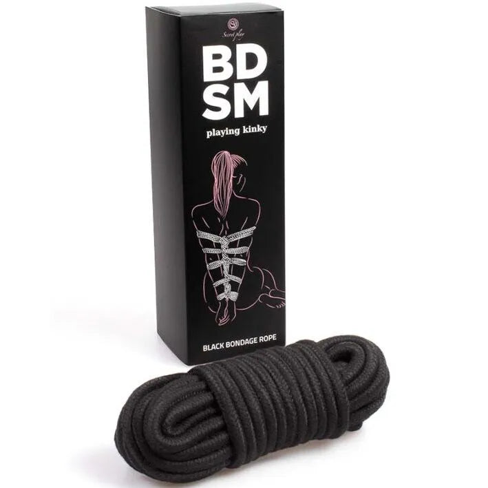 Corde shibari noire en coton-polyester, douce et soyeuse, pour bondage BDSM, avec boîte élégante et illustration artistique.