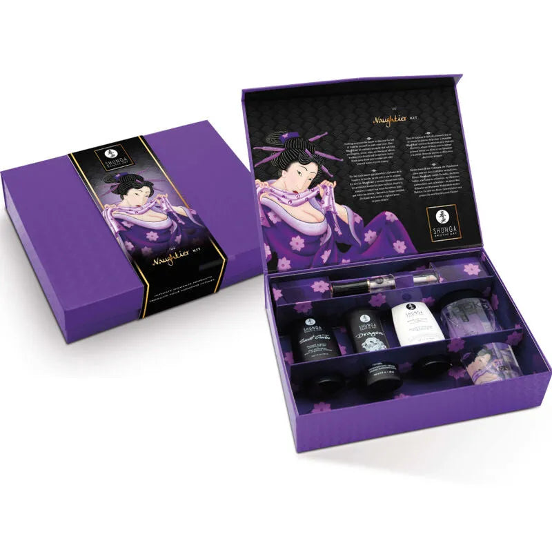 Kit Aphrodisiaque Shunga violet avec illustrations japonaises, contenant huiles et lotions sensuelles pour expérience intime.