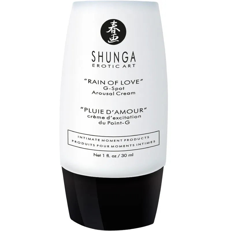 Flacon blanc et noir de crème Shunga Pluie d'Amour, cosmétique érotique pour excitation du Point-G, 30 ml.