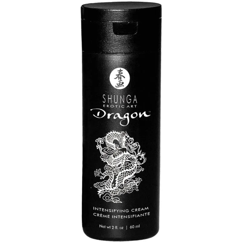 Flacon noir Shunga Dragon, crème intensifiante 60 ml, design inspiré de l'art érotique japonais, cosmétique érotique.