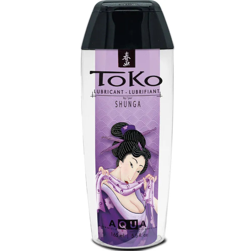 Flacon de lubrifiant Shunga Toko, design japonais, fond violet, 165 ml, cosmétique érotique inspiré de l'art ancestral.
