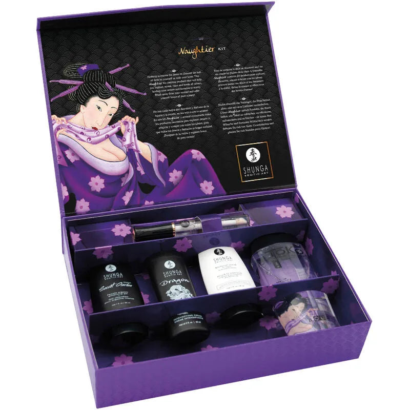 Kit Aphrodisiaque Shunga ouvert, contenant cosmétiques érotiques dans boîte violette avec illustration japonaise.