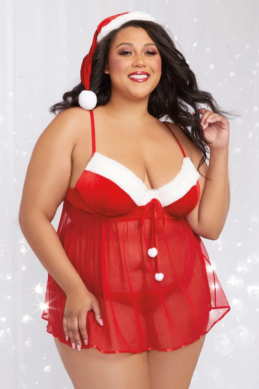 Costume Sexy Mère Noël rouge grande taille, polyester-spandex, babydoll avec pompons, string et bonnet fausse fourrure.