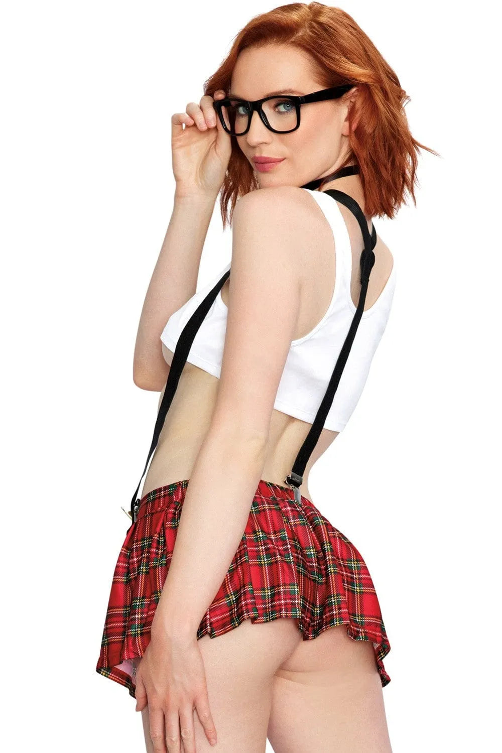Costume écolière sexy 5 pièces, mini-jupe écossaise, top court noir, séduction soirée, style audacieux, charme féminin