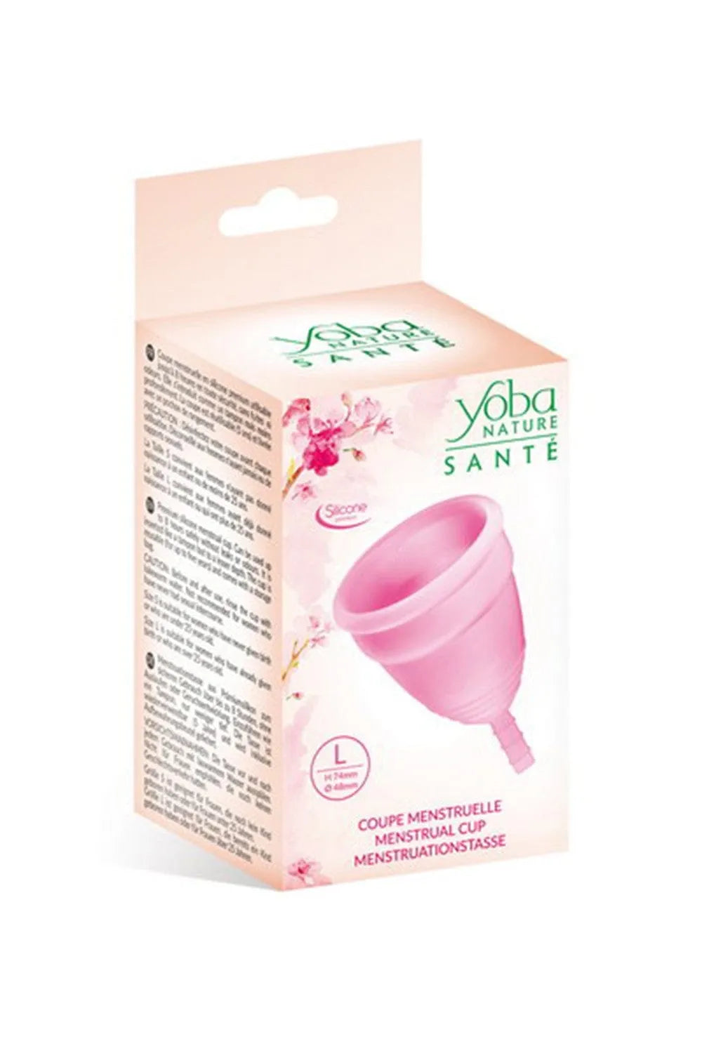 Coupe menstruelle rose silicone taille L dans boîte, protection écologique pour flux abondant, jusqu'à 12h d'utilisation.