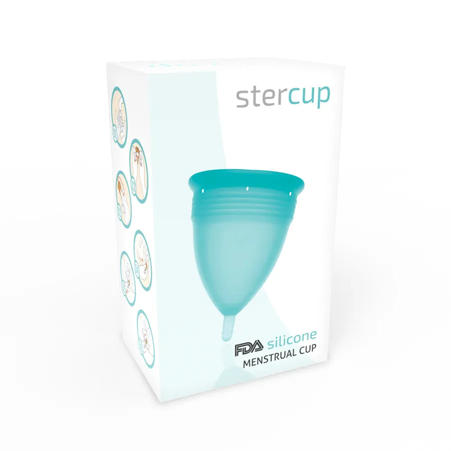 Coupe menstruelle en silicone bleu, forme ergonomique, emballée dans une boîte blanche avec illustrations d'utilisation.