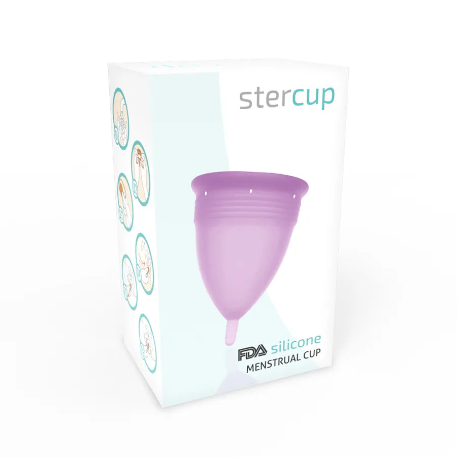 Coupe menstruelle en silicone violet FDA dans boîte blanche, écologique, idéale pour sport et usage quotidien.