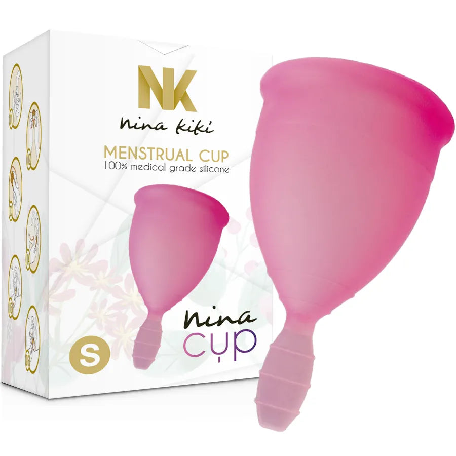Coupe menstruelle rose en silicone médical avec boîte, NINA CUP, écologique et réutilisable pour hygiène intime.