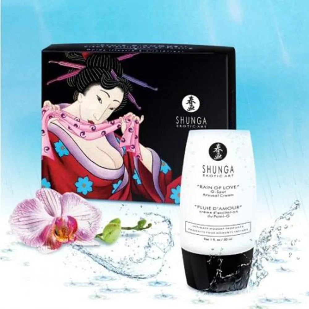 Crème aphrodisiaque féminine, tube blanc, design élégant, fond artistique, stimule point G, intensifie plaisir.