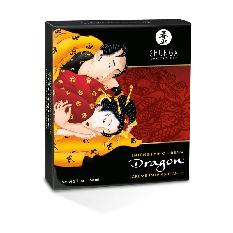 Crème De Virilité Naturelle Shunga, boîte noire et rouge avec illustration artistique, 60 ml, intensifie le plaisir masculin.