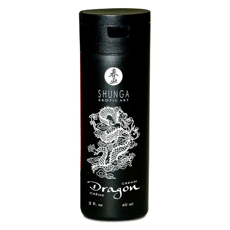 Crème De Virilité Naturelle Shunga, flacon noir 60ml, motif dragon blanc, pour puissance masculine et plaisir accru.