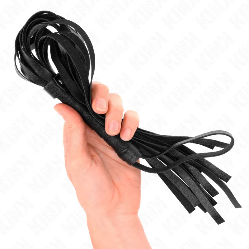 Cravache BDSM en cuir noir, poignée ergonomique, lanières souples, haute qualité pour expérience sensorielle intense.