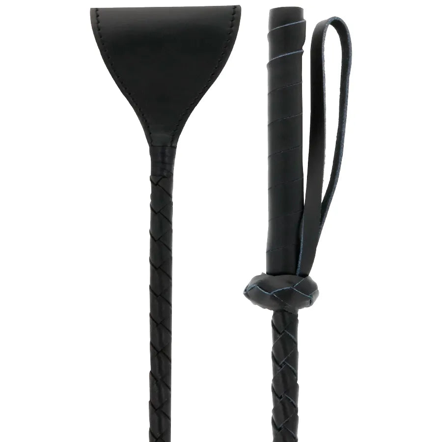 Cravache BDSM noire en PVC 60 cm, manche tressé, pointe souple, accessoire pour jeux de domination et soumission.