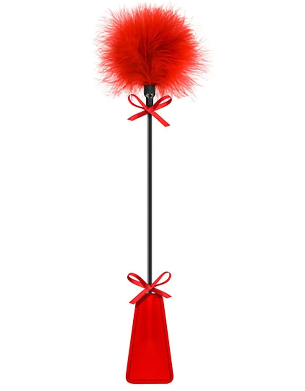 Cravache rouge vibrante avec manche noir, ornée de rubans et plumes, idéale pour jeux BDSM, accessoire élégant et solide.