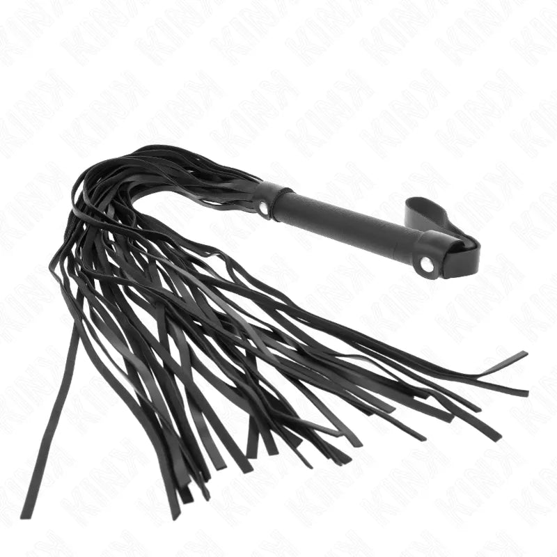 Cravache BDSM haut de gamme noire, design élégant, pour jeux intenses, manche ergonomique et lanières en cuir.