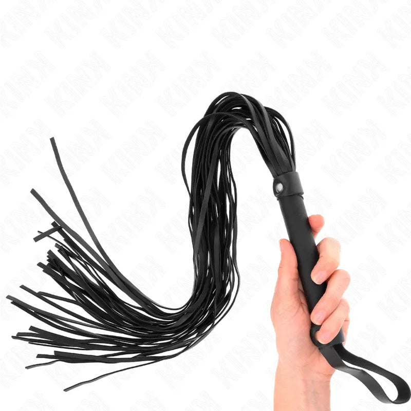 Cravache BDSM noire haut de gamme, design élégant, manche ergonomique, lanières souples pour jeux intenses.