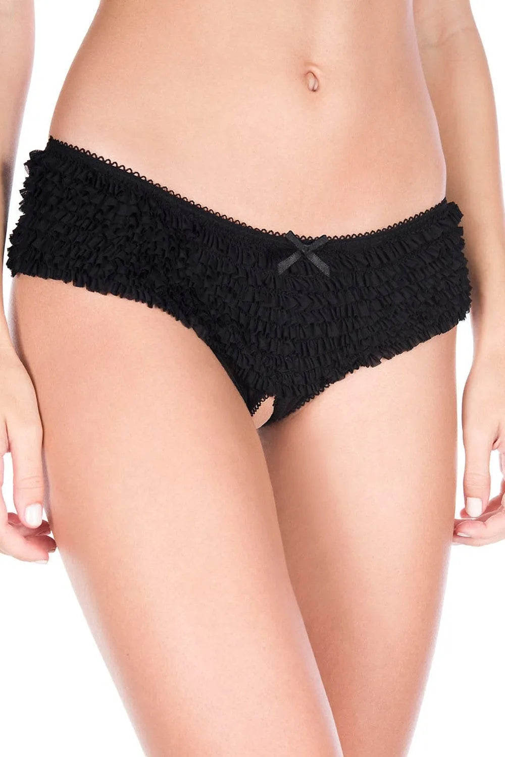 Culotte noire en mousseline, coupe flatteuse, entre-jambes ouvert, détails féminins, lingerie sexy et confortable.