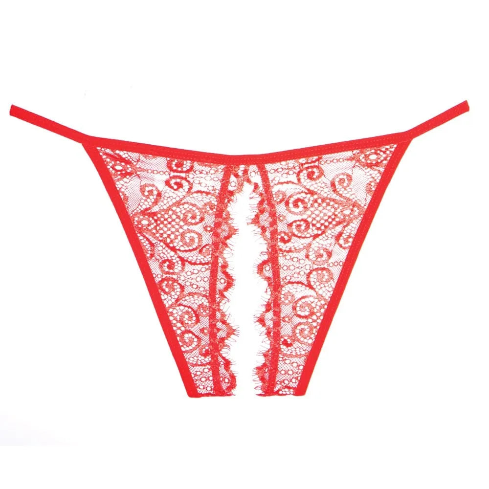 Culotte rouge en dentelle ouverte sur les fesses, design audacieux et sensuel, polyester, romantisme et séduction.