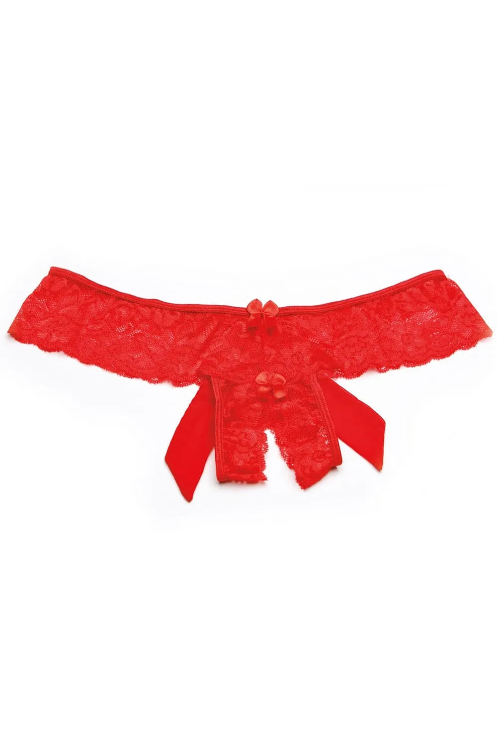 Culotte tanga string rouge en dentelle avec gros nœud satiné à l'arrière, design sexy et coquin pour séduction.