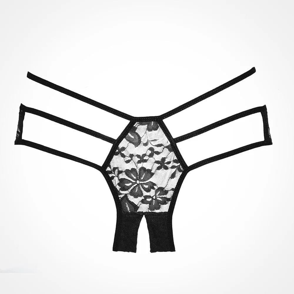Culotte fendue noire en dentelle florale avec lanières, élégante et sensuelle, pour une allure chic et romantique.