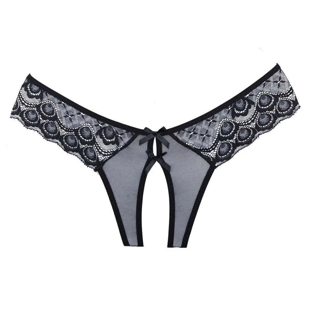 Culotte noire en dentelle ouverte avec nœud, design élégant et audacieux, lingerie sexy féminine.