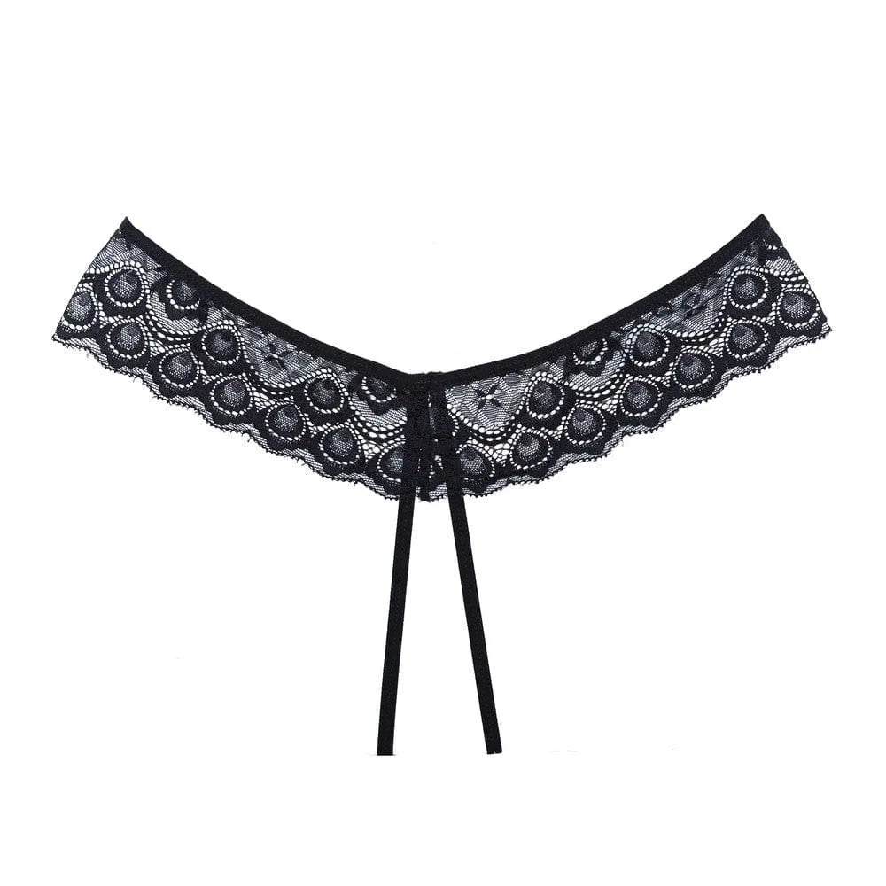 Culotte noire en dentelle ouverte avec nœud, design élégant et audacieux, lingerie sexy pour femme.