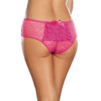 Culotte ouverte rose avec froufrous et nœud, design élégant en dentelle, confort et sensualité, lingerie féminine.