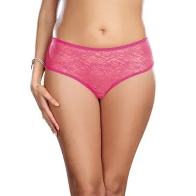 Culotte ouverte rose avec froufrous et nœud, lingerie élégante en polyester et spandex, féminine et glamour.