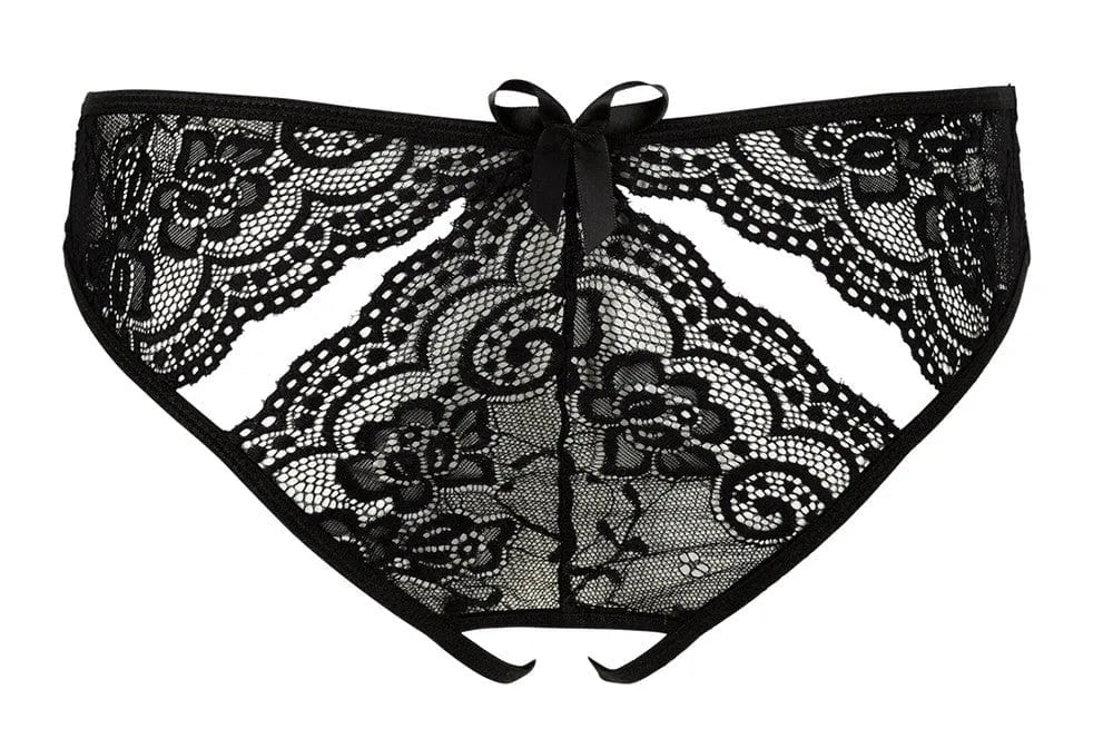 Culotte ouverte noire en dentelle florale avec nœud, élégante et sexy, ouverture à l'entrejambe, confort et style assuré.