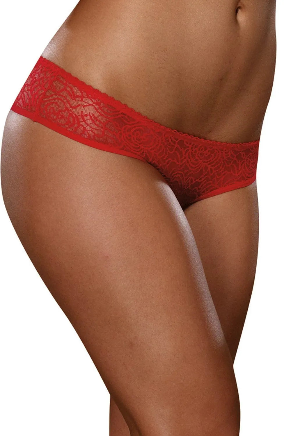 Culotte ouverte rouge en dentelle avec froufrous et nœud satiné, coupe flatteuse, matière douce et élastique.