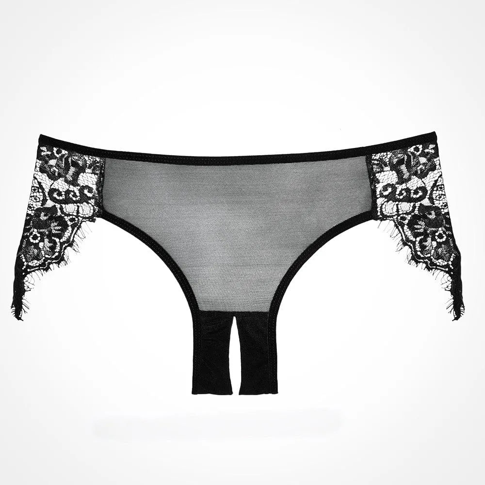Culotte résille noire ouverte, dentelle sur hanches, design élégant et séduisant, lingerie féminine sensuelle.