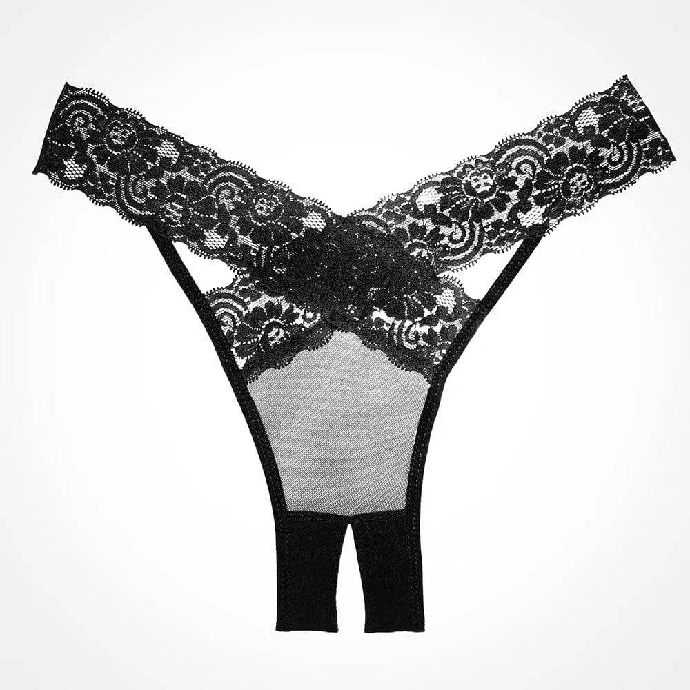 Culotte résille noire ouverte avec dentelle florale, bandes croisées, élégance et sensualité pour moments intimes.