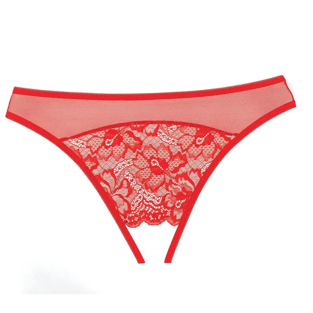 Culotte rouge en dentelle fine, résille transparente, ouverture à l'entrejambe, élégance et sensualité intemporelles.
