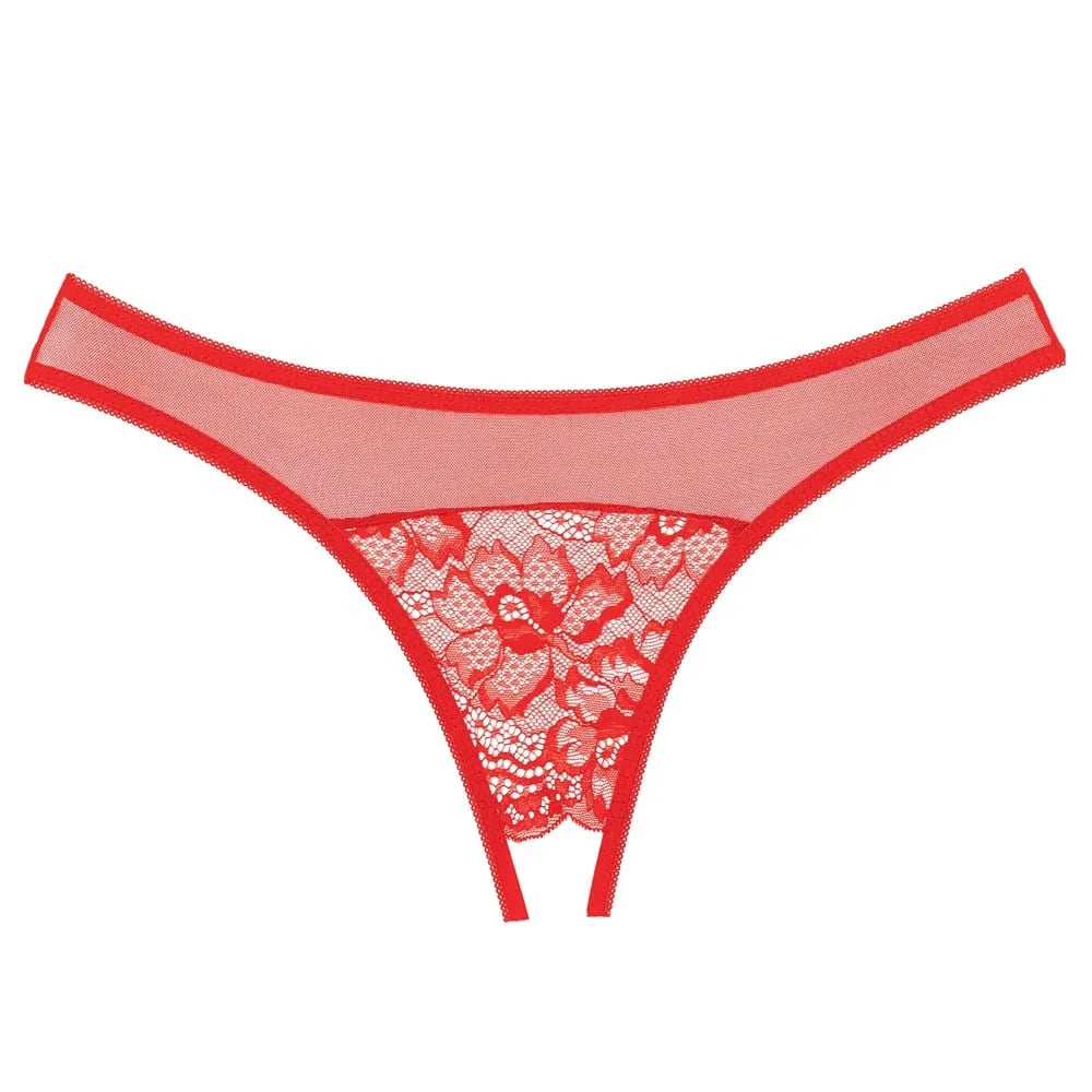 Culotte rouge en dentelle fine, résille transparente, ouverture à l'entrejambe, élégance sensuelle, lingerie féminine.
