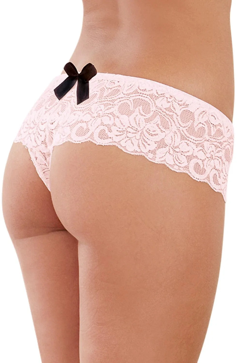Culotte serre taille en dentelle rose, noeud satiné noir, coupe sexy, taille élastique, lingerie féminine élégante.