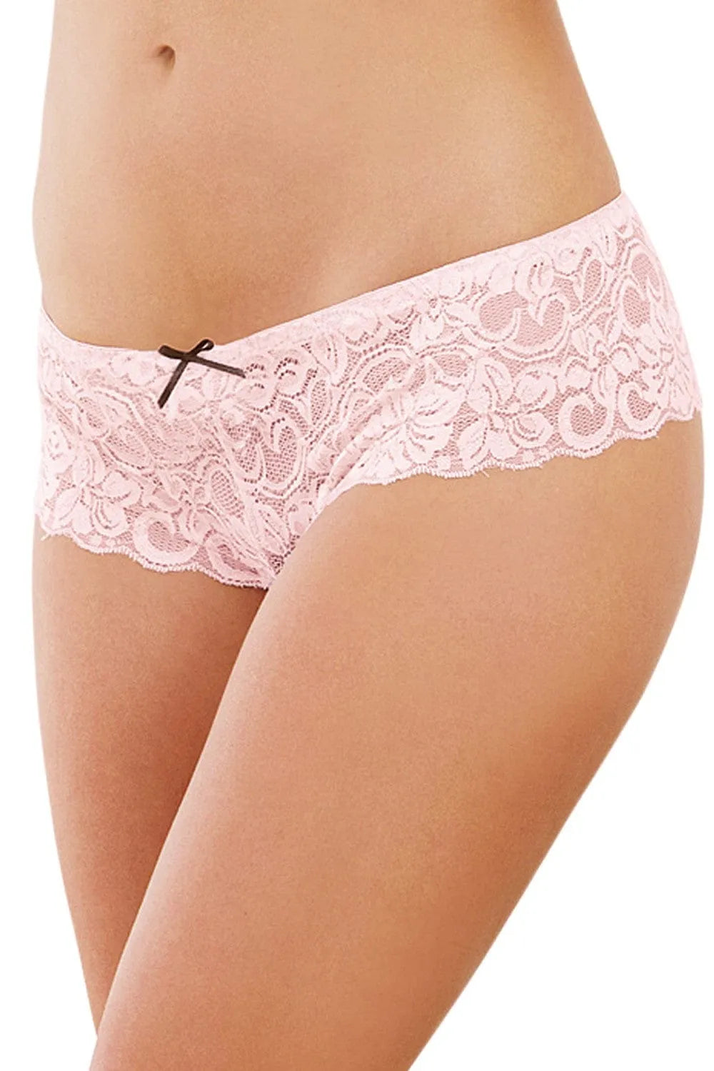 Culotte serre taille en dentelle vieux rose avec nœud satiné noir, coupe sexy et confortable, vue de face.